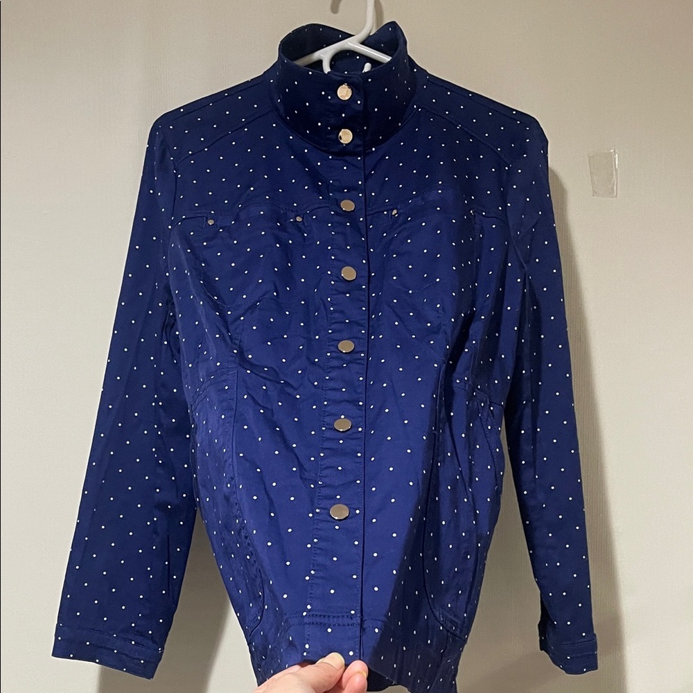 NWOT Chico's Luxe Twill Stylish Navy Blue With White Polka Dot Utility Jacket - Picture 14 of 15